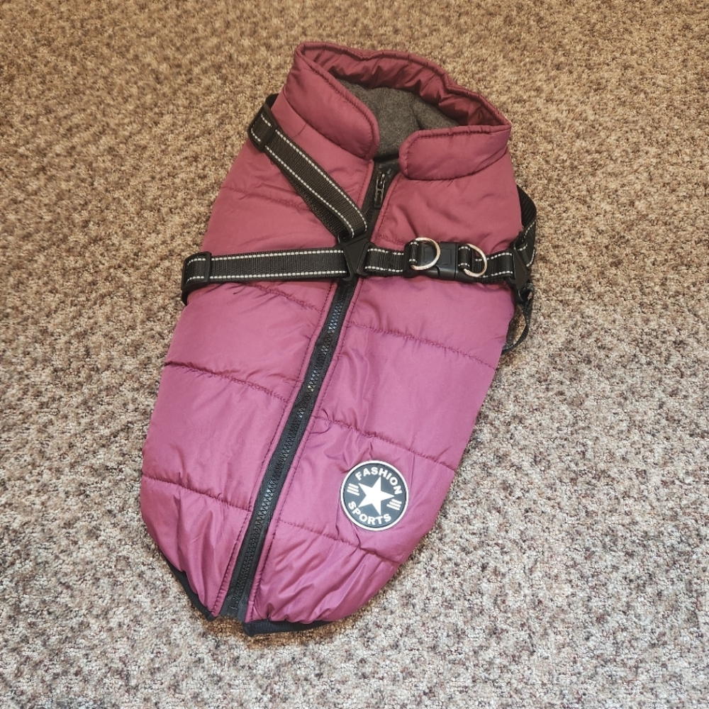 NWT- Pawroll Dog Waterproof Warm Fleece Lined Purple Dog Coat with Harness- S